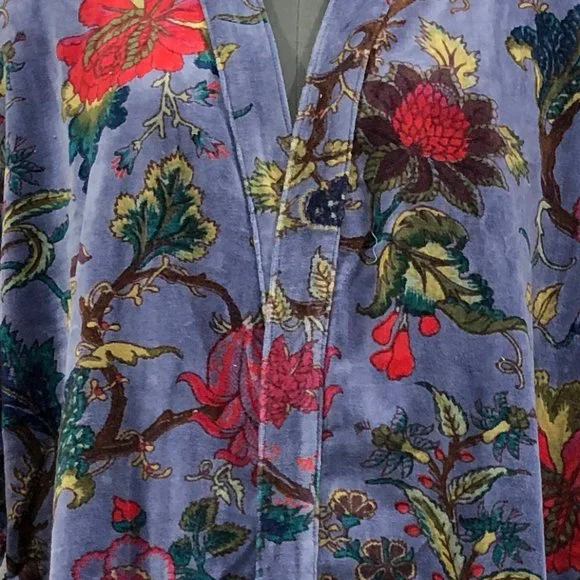 Floral Print Velvet Kimono Luxury Jacket, Party Boho Robe Lounge Wear - Unisex - Picture 14 of 16